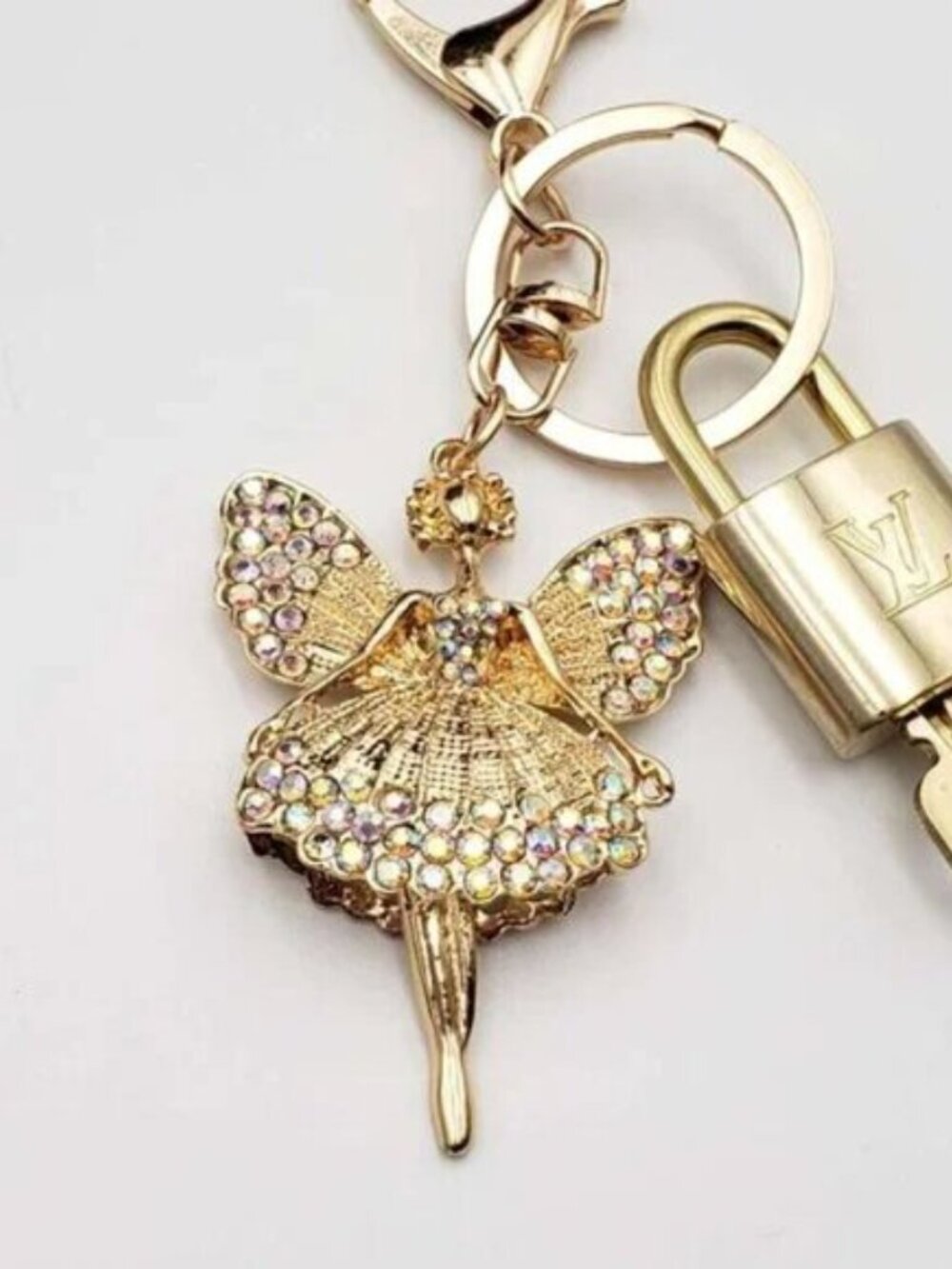 Authentic LV Gold Padlock & Key 🔑 Designer Bag Charm w/ Unbranded Fairy Charm - Picture 5 of 7